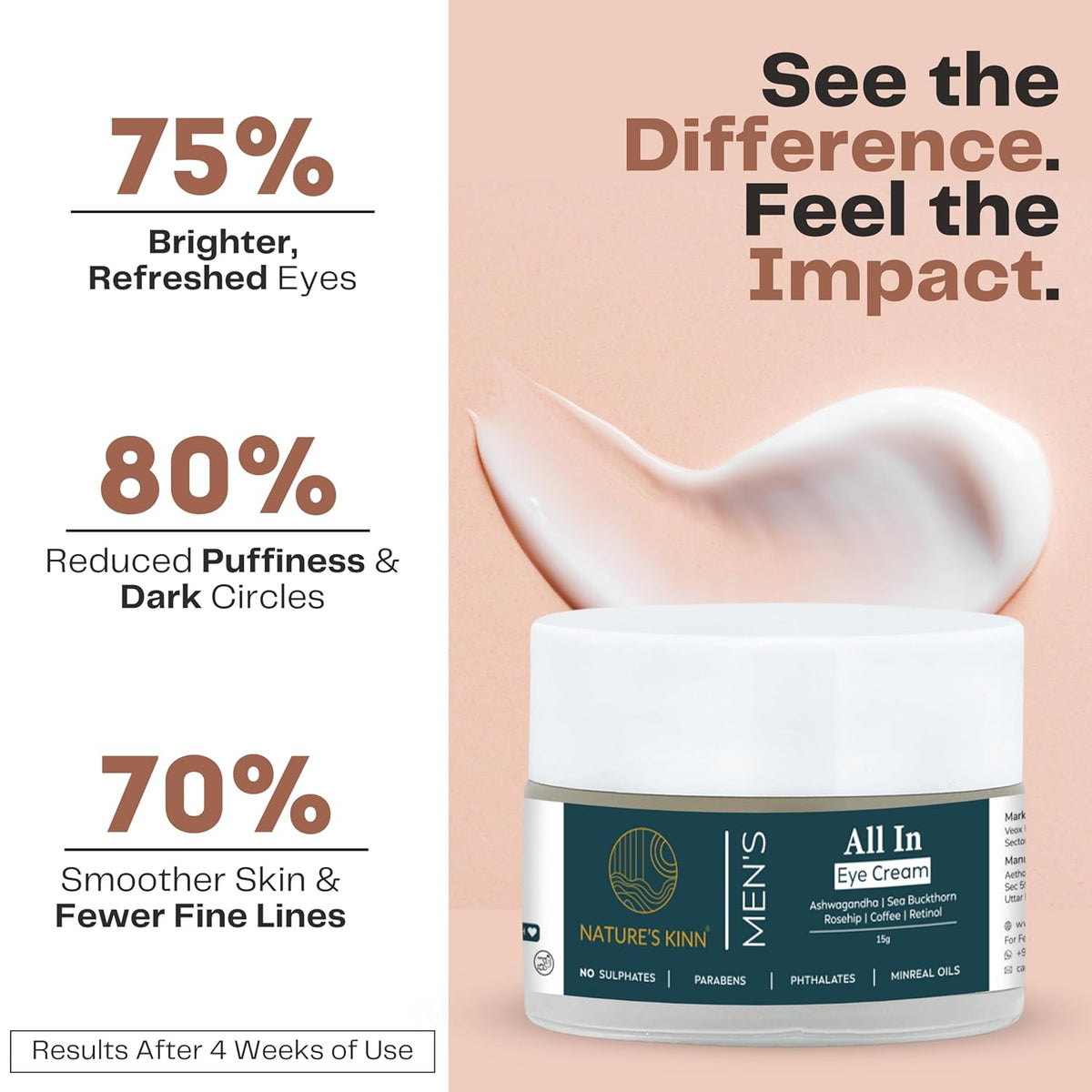 Nature's Kinn All-In Eye Cream, Hydrating Under Eye Cream for Dark Circles, 50 ml, Unscented
