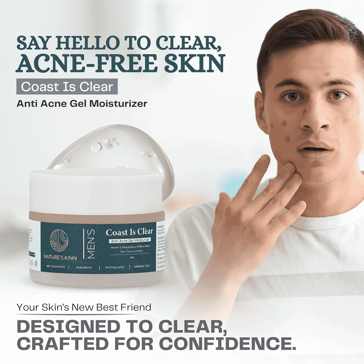 Nature's Kinn – Coast Is Clear Lightweight Gel Moisturizer for Oily & Acne-Prone Skin | Oil-Free Daily Hydration | Non-Comedogenic & Fast-Absorbing Formula | For Clear, Balanced Skin 50gm